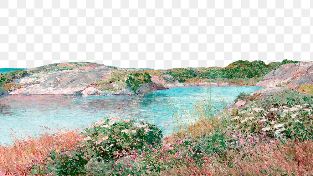Pond nature png border, collage element in transparent background, remixed from Childe Hassam&rsquo;s artwork