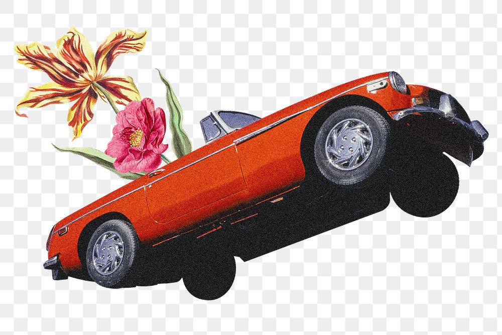 Floral classic car png clipart, surreal vehicle remix on transparent background