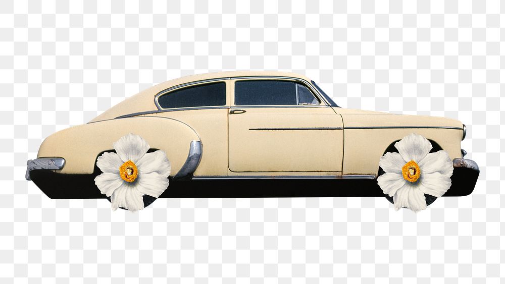 Classic car png clipart, surreal flower tires, vehicle remix on transparent background