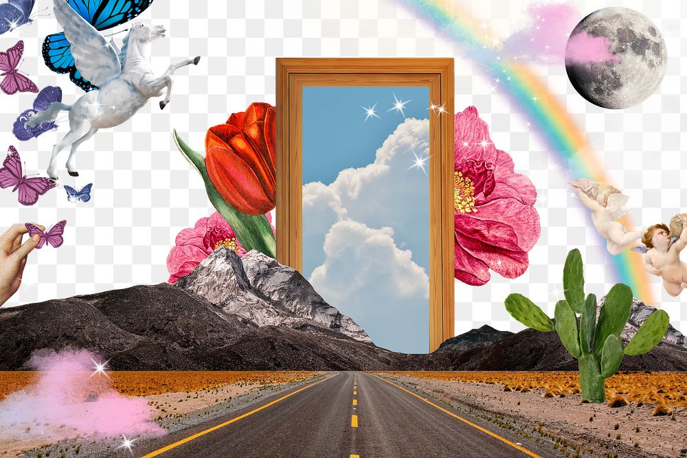 Magical road png border, transparent background, aesthetic surreal escapism collage art