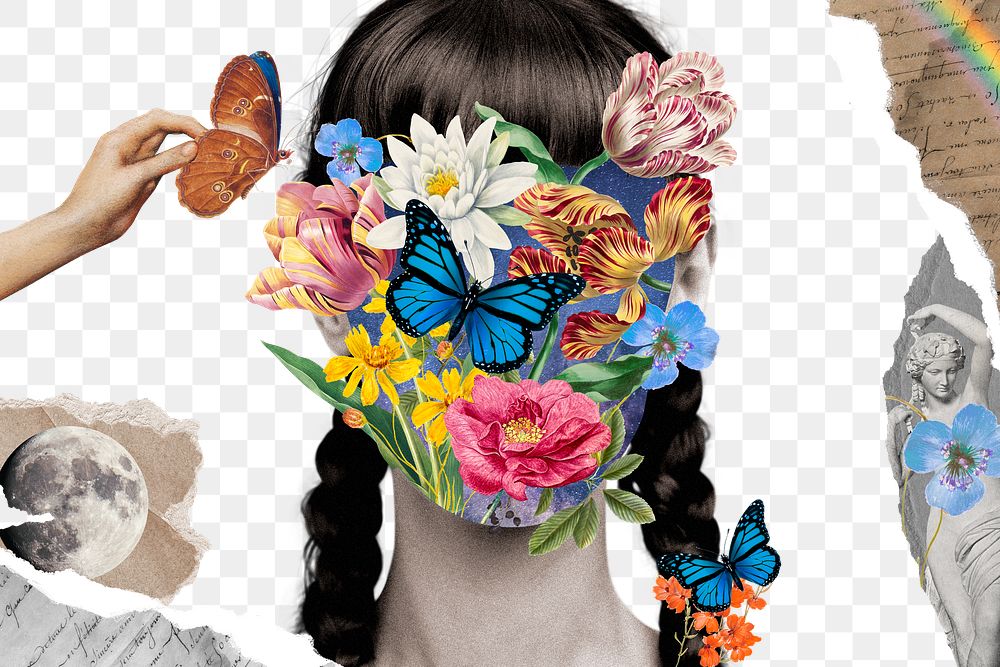 Floral woman portrait png transparent background, surrealism collage art