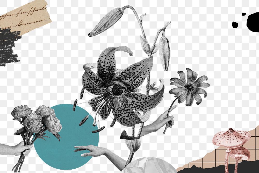 Creepy surrealism png collage, transparent background, vintage flower design