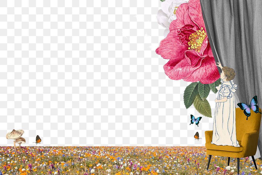 Aesthetic wildflowers png border, transparent background, surrealism art collage