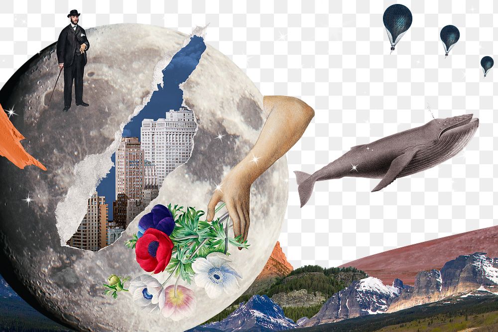 Surreal space collage png, transparent background, nature aesthetic