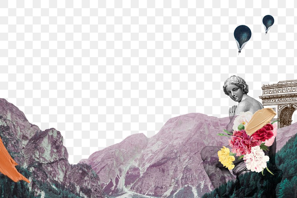 Aesthetic mountain png border, transparent background, nature collage 