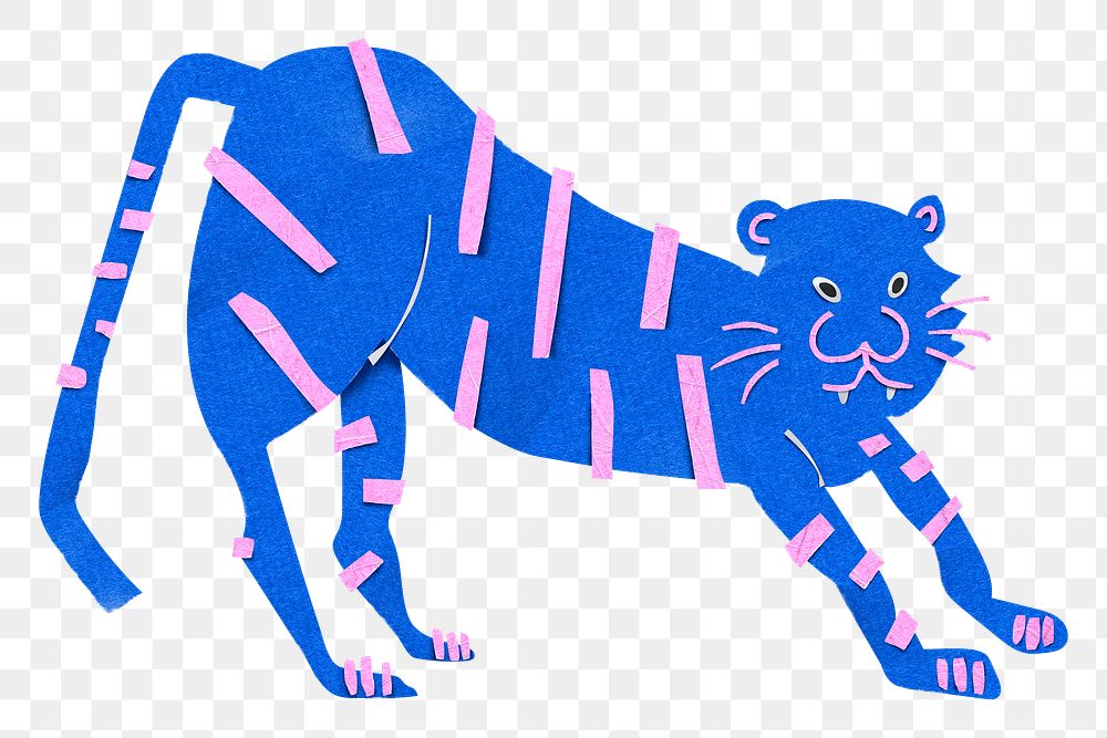 PNG blue tiger, paper craft animal clipart, transparent background