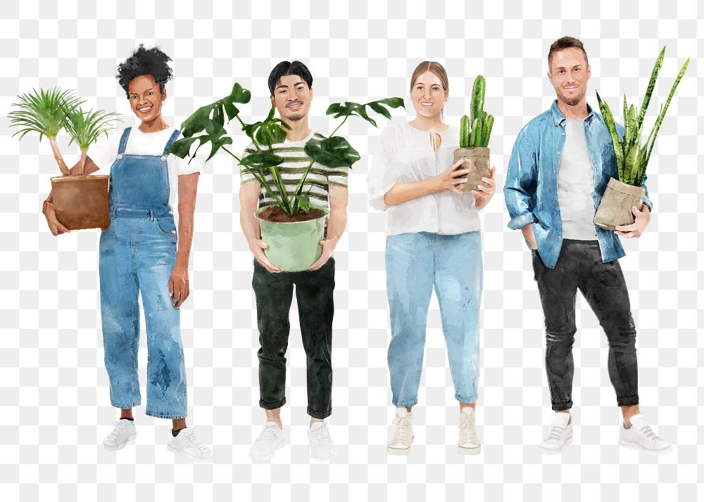 Plant lovers png people cut out, watercolor illustration, new normal hobby on transparent background