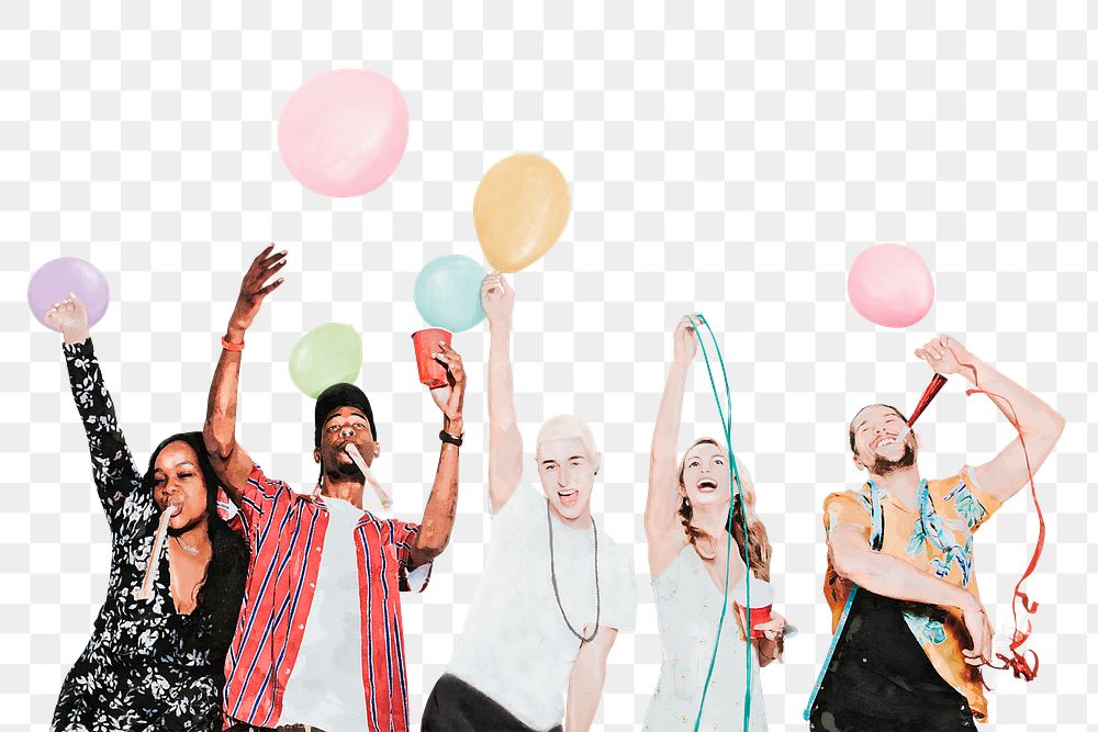 Diverse party png people, birthday celebration, watercolor illustration, transparent background