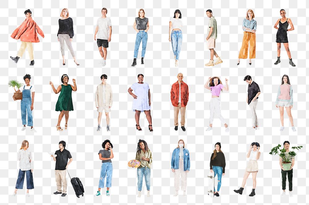 Diverse people's png watercolor illustration, full body set on transparent background