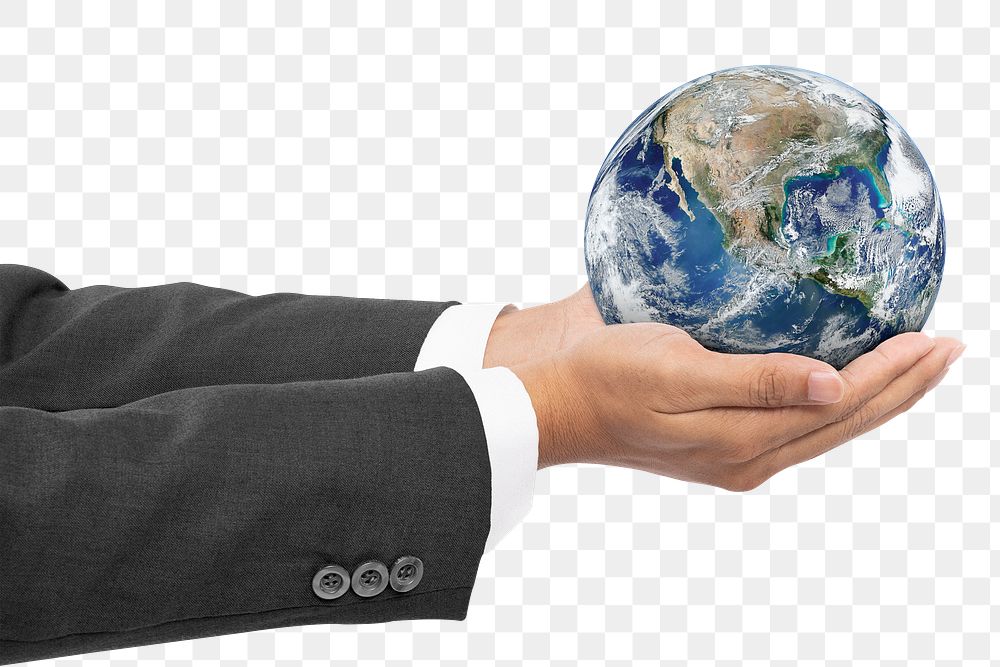 Global business png sticker, businessman holding Earth, transparent background