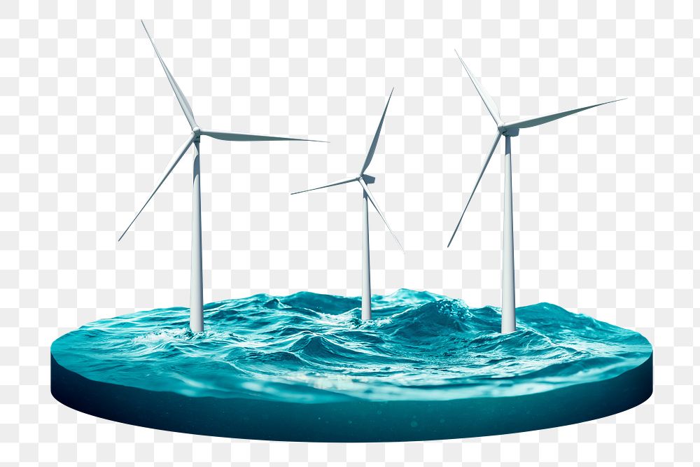 Wind power png, alternative energy at sea, transparent background