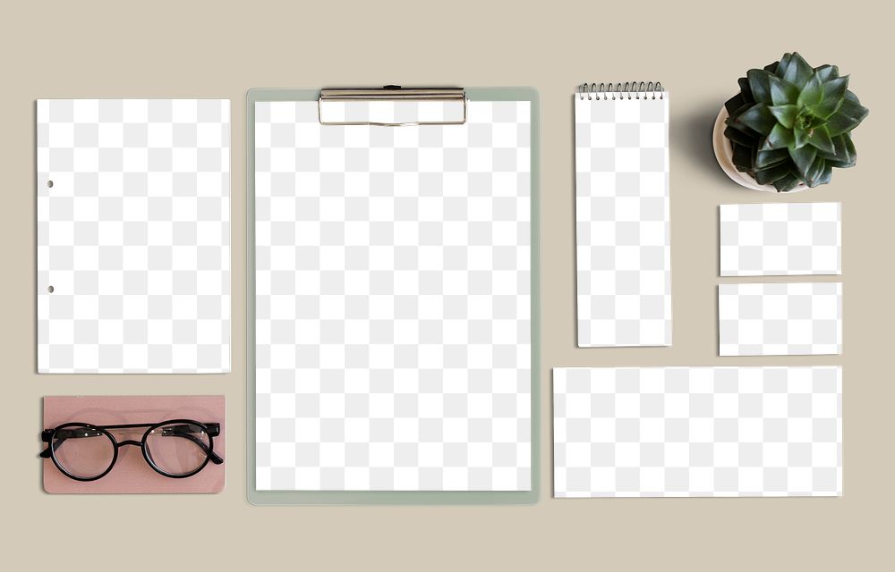Paper and card mockups flatlay transparent png