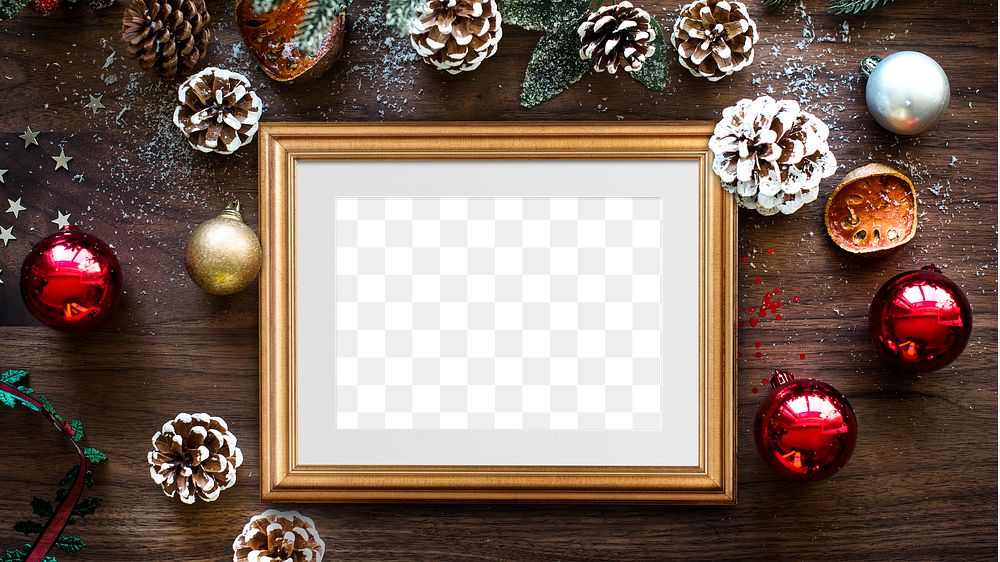 Golden Christmas picture frame mockup surrounded by pine cones