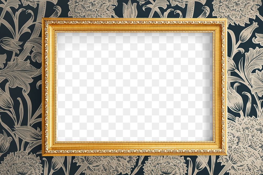 Golden picture frame mockup on a floral wall stencil 