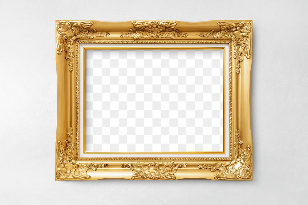 Vintage golden picture frame mockup on a gray wall 