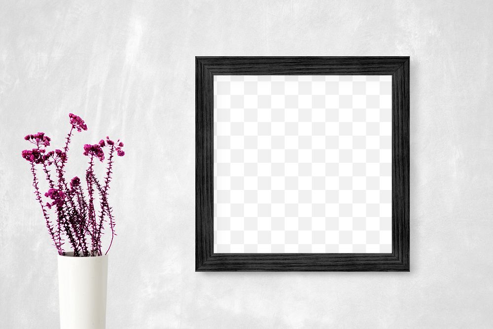 Blank black picture frame mockup on a gray wall