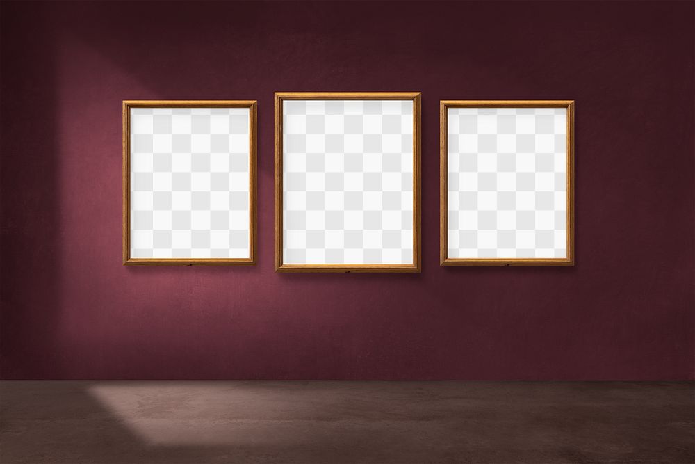 Wooden picture frame mockups hanging on a red wall