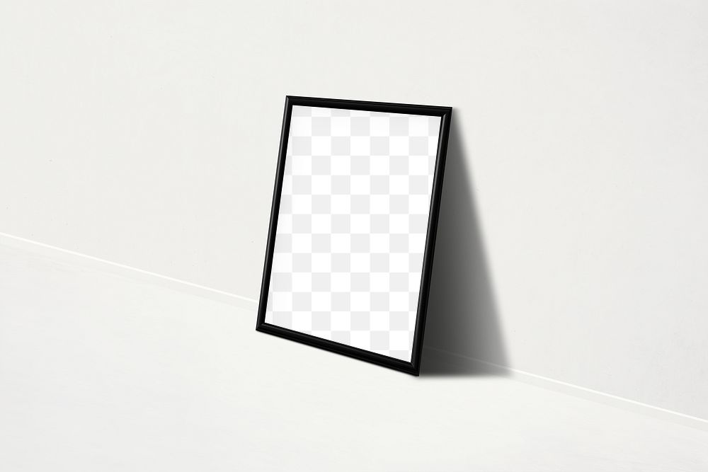 Black picture frame mockup leaning against a white wall