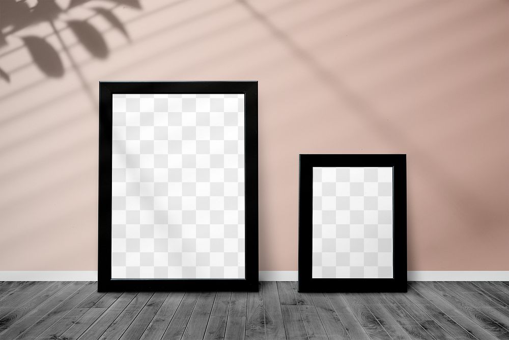Black picture frame mockups against a pink wall