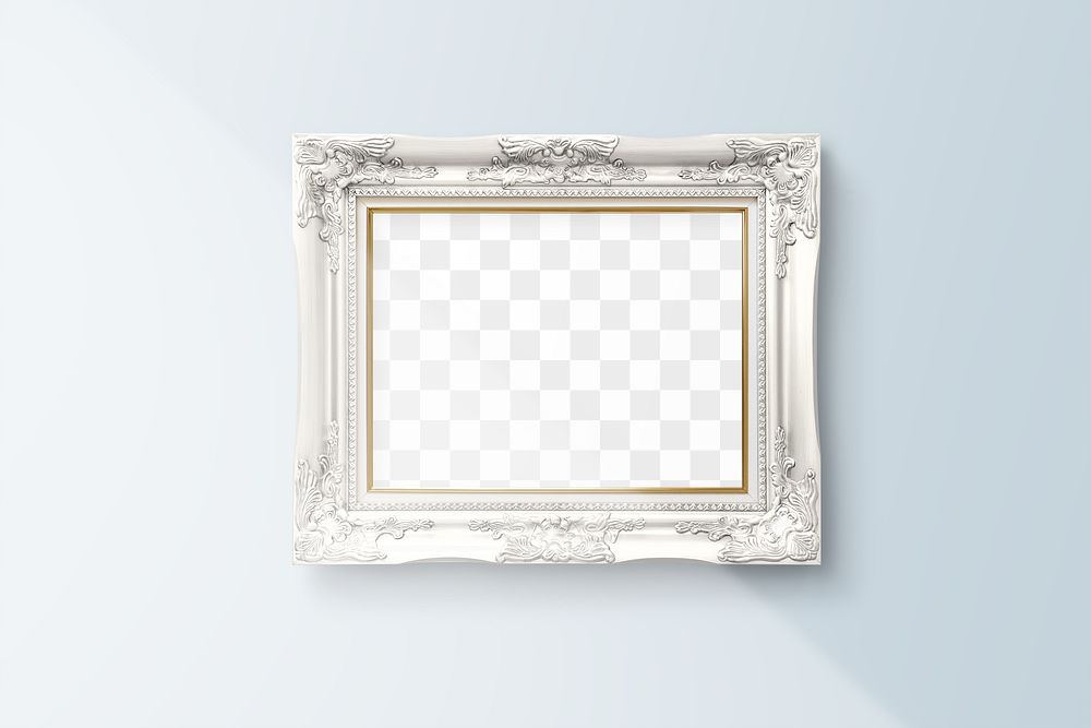 Luxurious white baroque picture frame mockup hanging on a light blue wall
