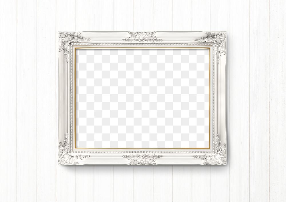 White baroque picture frame hanging on a white wall
