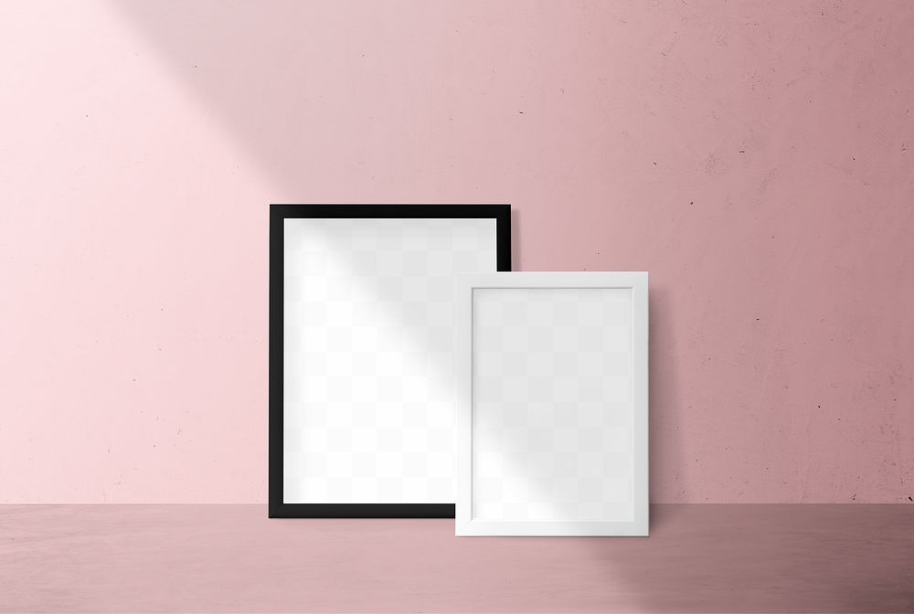 Black and white picture frame mockups against a pink wall