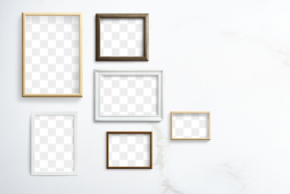 Various frame mockups hanging on a white wall