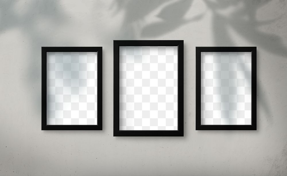 Black picture frame mockups hanging on a gray wall