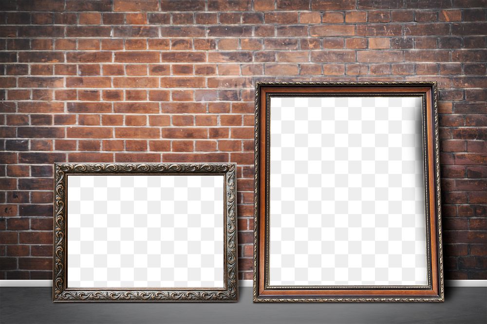 Blank vintage picture frame mockups leaning against a brick wall