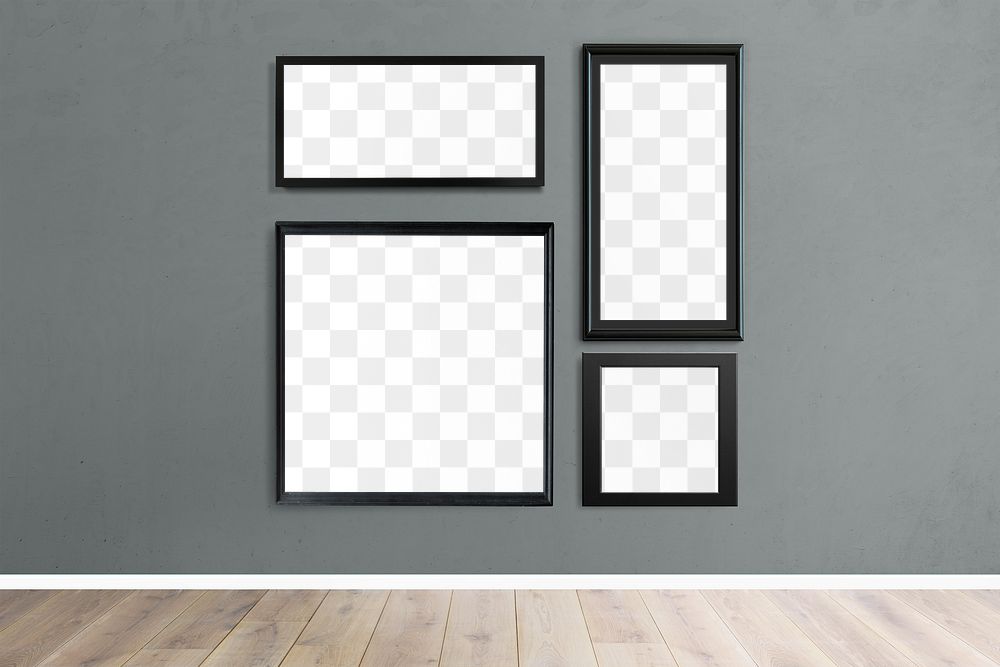 Black picture frame mockups hanging on a gray wall