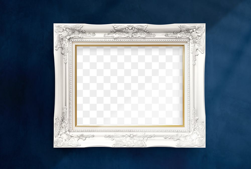 Luxurious white baroque frame mockup hanging on a dark blue wall