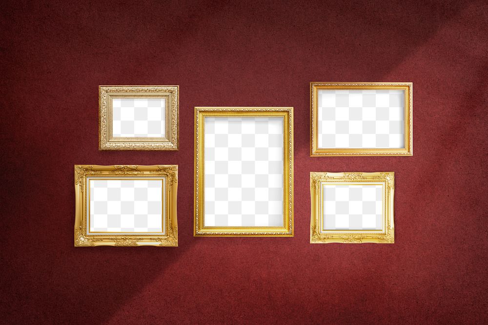 Luxurious baroque picture frame mockups hanging on a red wall