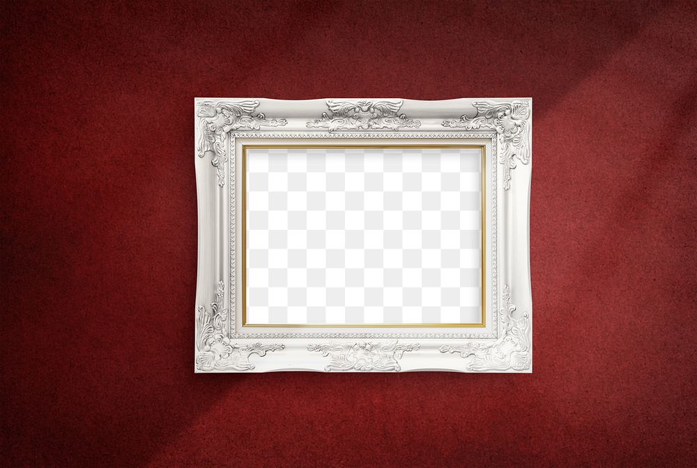 Luxurious white baroque picture frame mockup hanging on a red wall