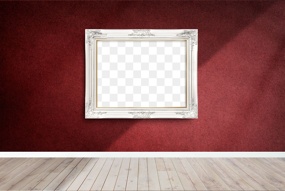 Luxurious white baroque picture frame mockup hanging on a red wall