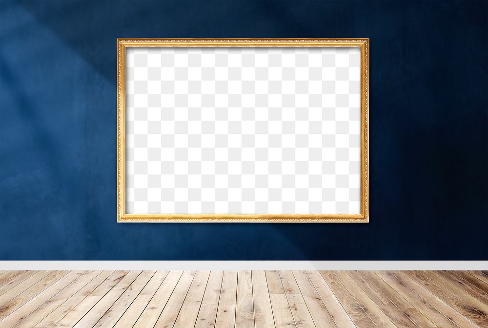 Wooden picture frame mockup hanging on a dark blue wall