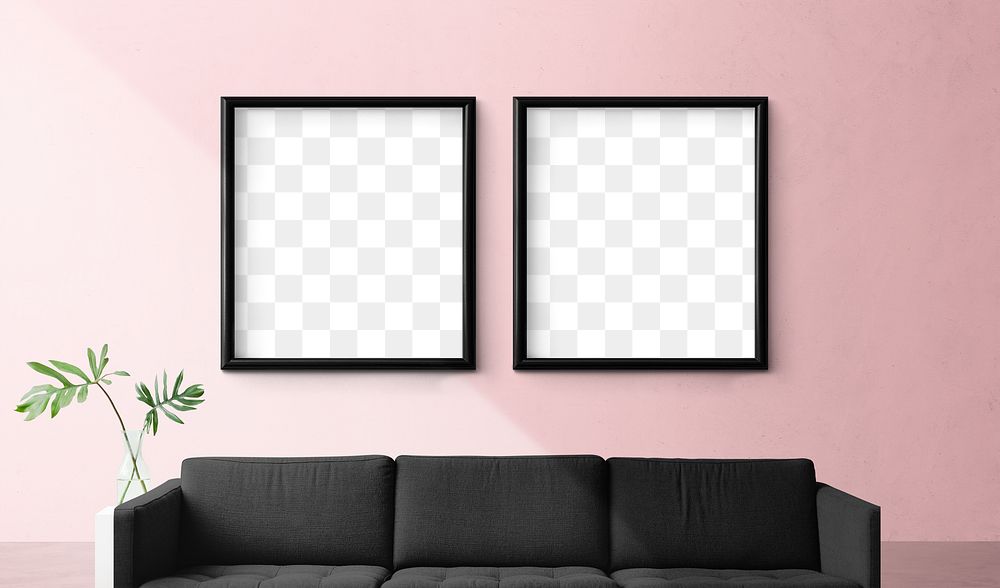 Two blank picture frames mockup in a pink living room