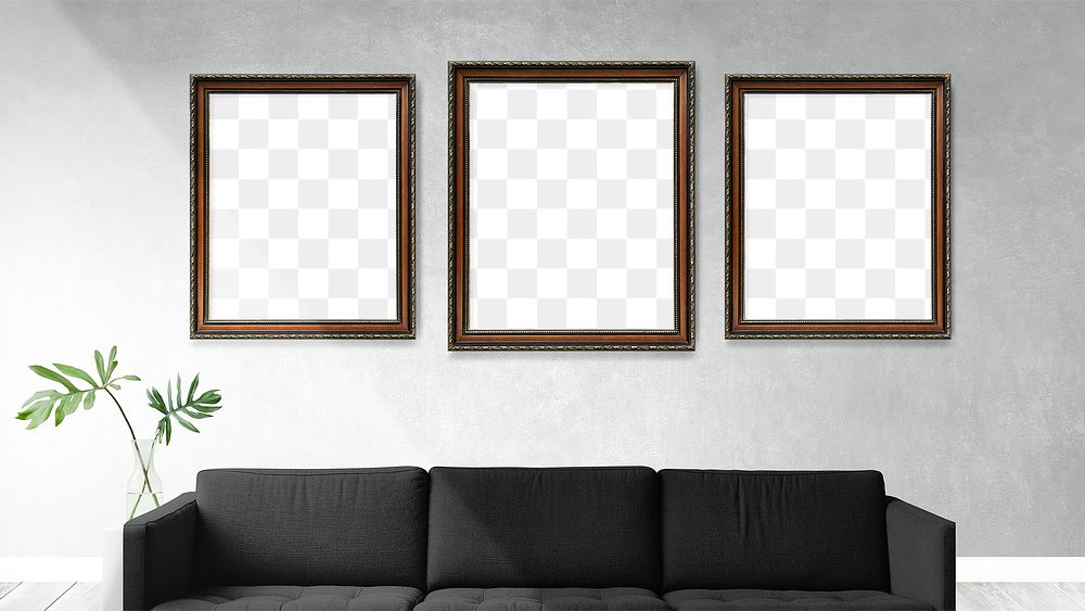 blank picture frames mockup in a light gray living room
