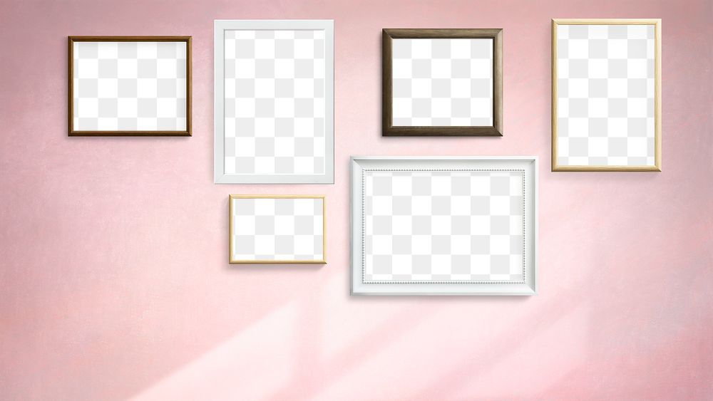 White and wooden picture frame mockups hanging on a pink wall