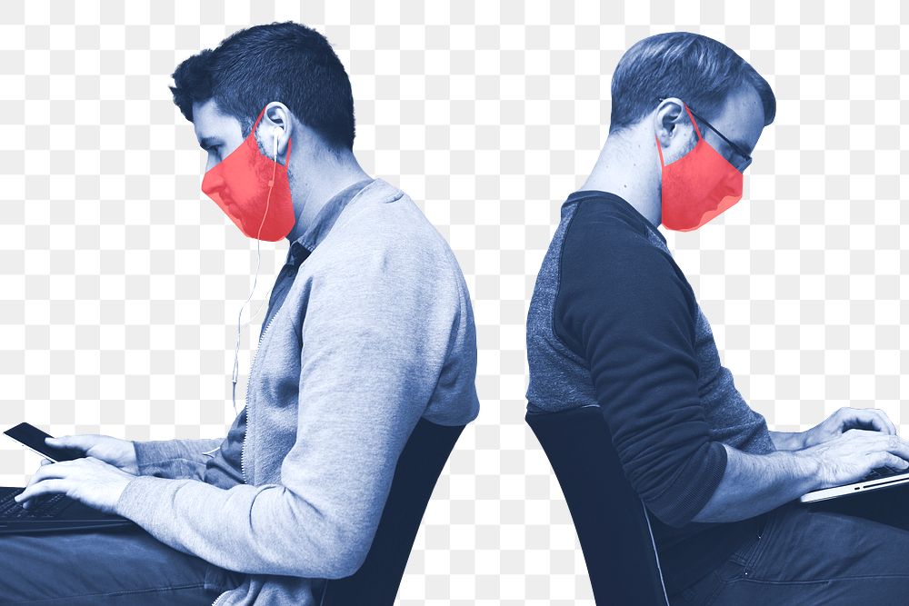 Men with masks sitting in public social template