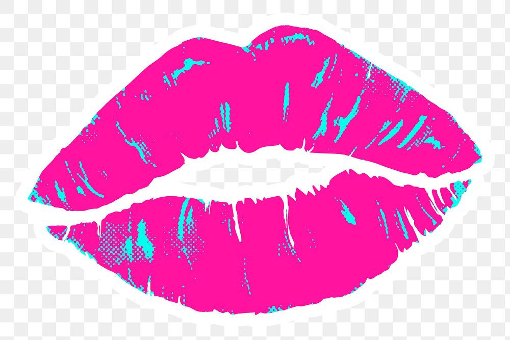 Hand drawn funky kiss halftone style sticker overlay with a white border