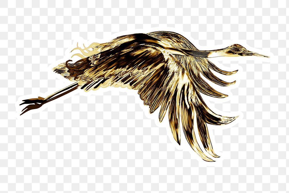 Gold flying Japanese crane sticker with a white border