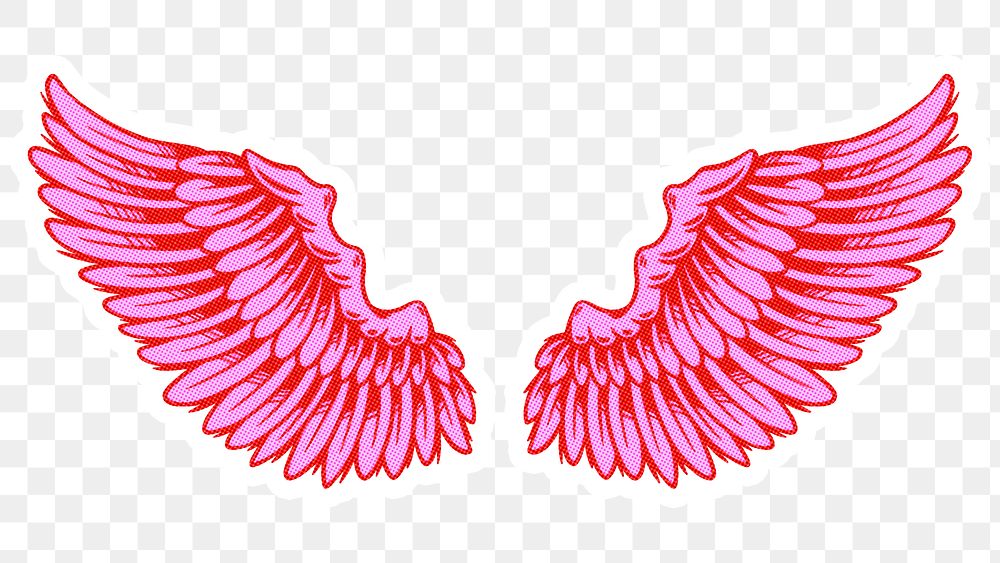 Neon pink wings sticker with a white border
