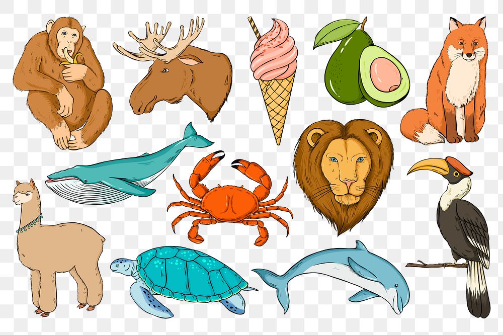 Png animal sticker set colorful clipart