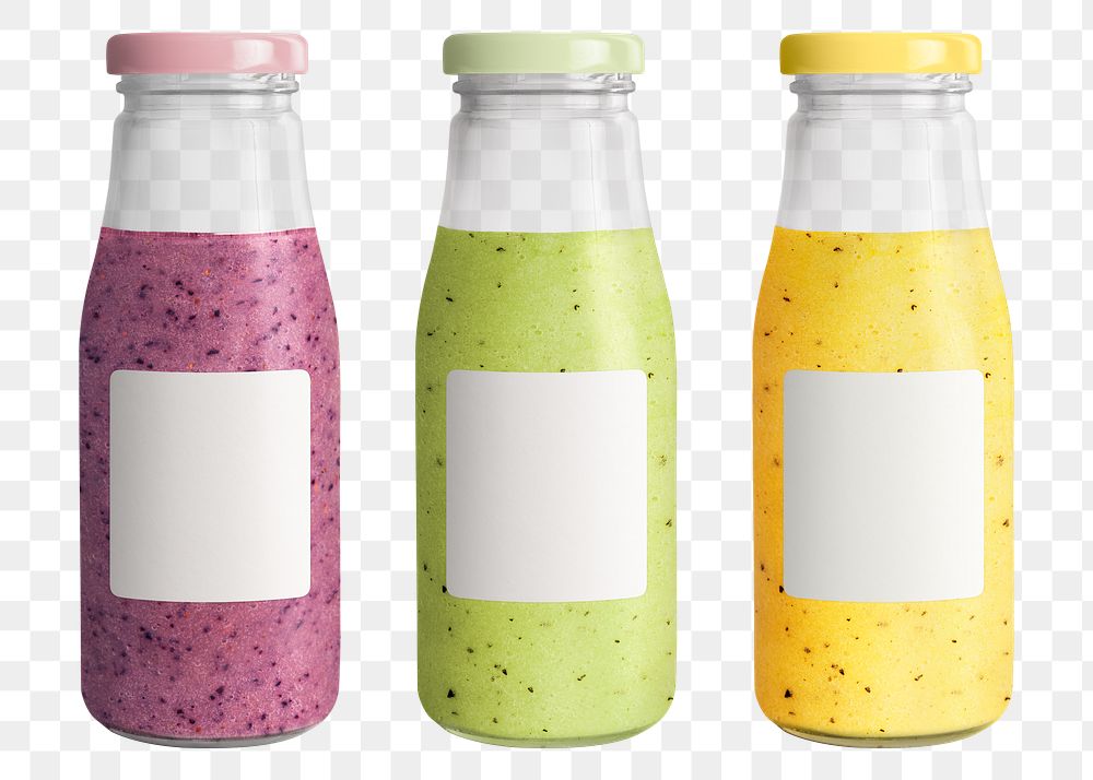 Fruit smoothie in a glass bottle with a label mockup set 