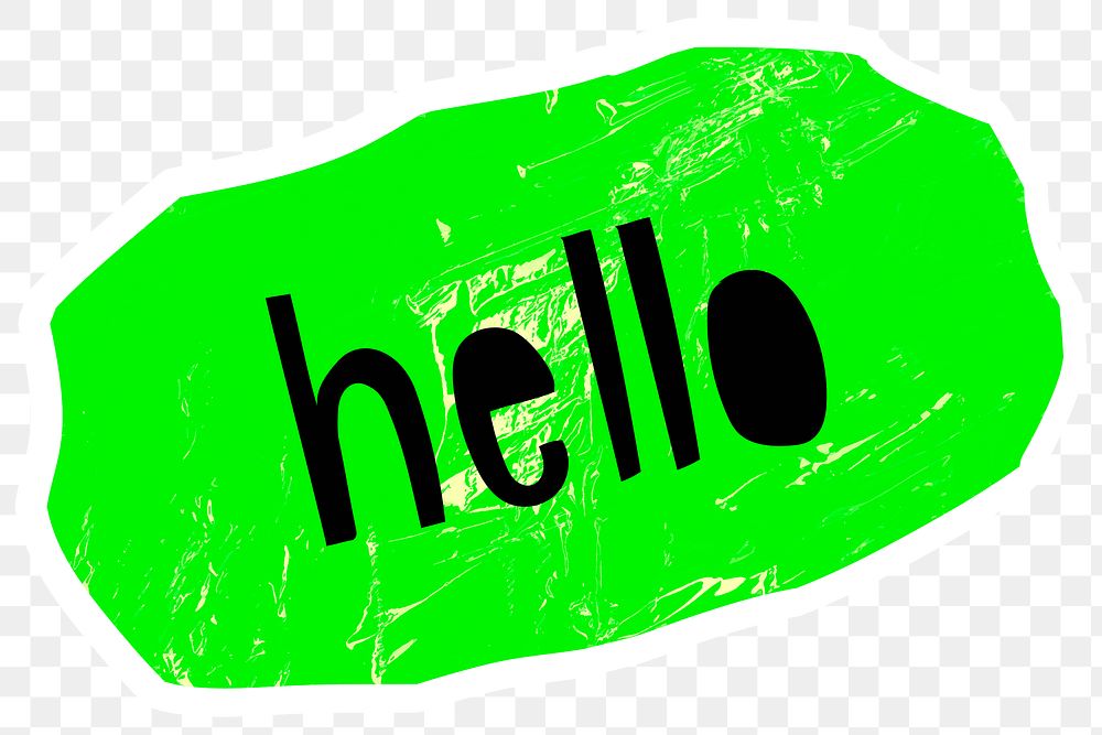 Black hello greetings typography on a green badge sticker