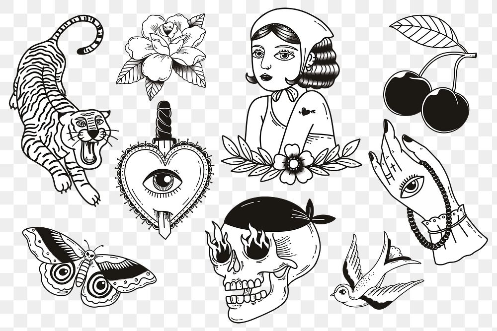 Vintage creative tattoo design png set