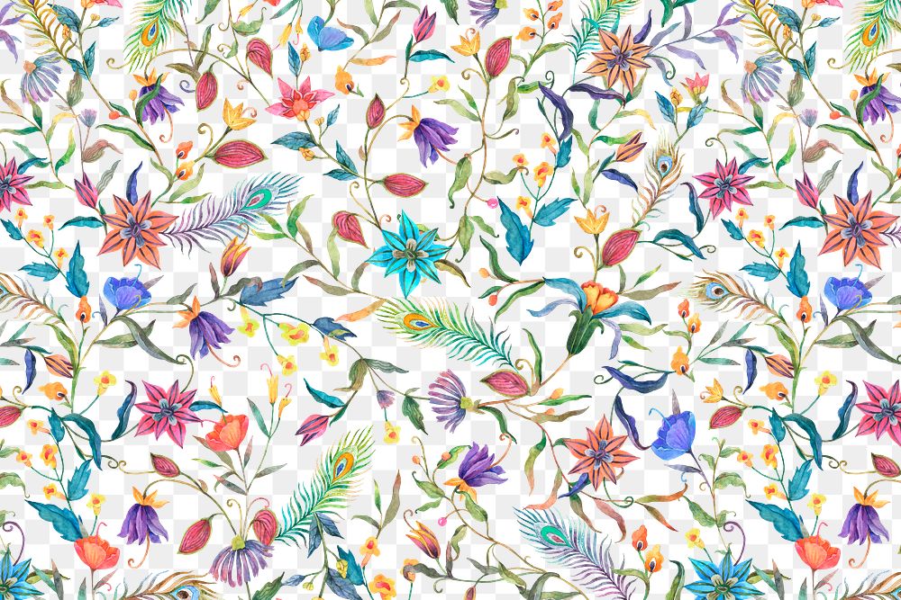 Png watercolor colorful flower pattern with transparent background