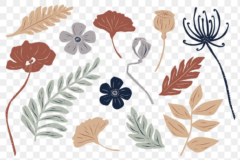 Vintage colorful blooming flowers png linocut drawing set