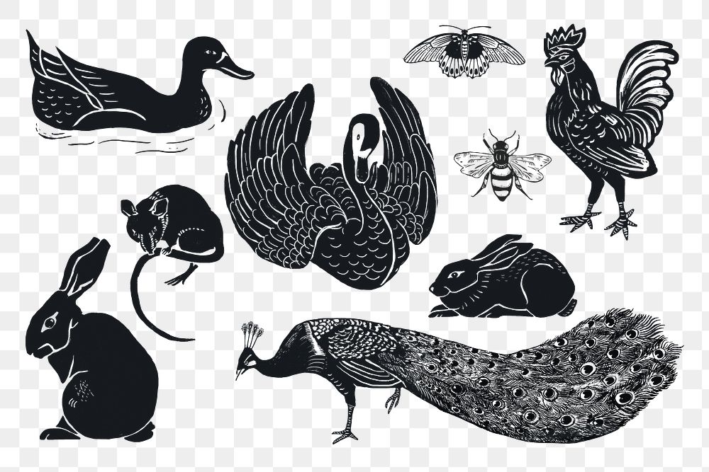 Animals png sticker black linocut stencil pattern clipart collection