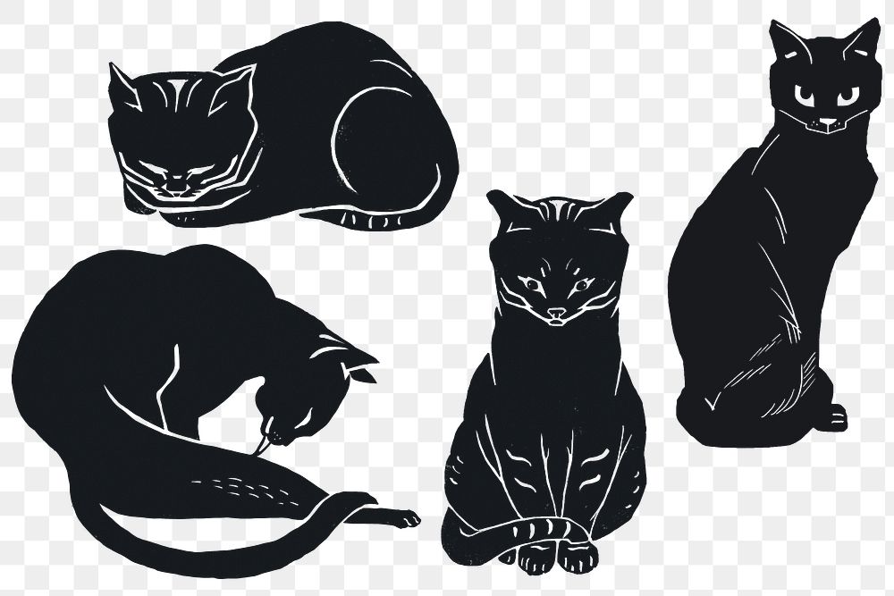 Vintage cats linocut png sticker clipart collection